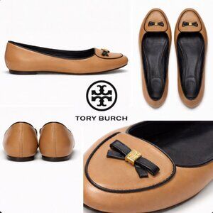 Tory Burch Dakota Loafers Sand Leather Bow Trim Ballet Flats Size 7